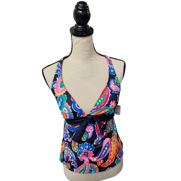 Liz Claiborne Paisley Tankini Top Womens Size 8 Halter Style Swim NWT Preppy - Picture 1 of 6